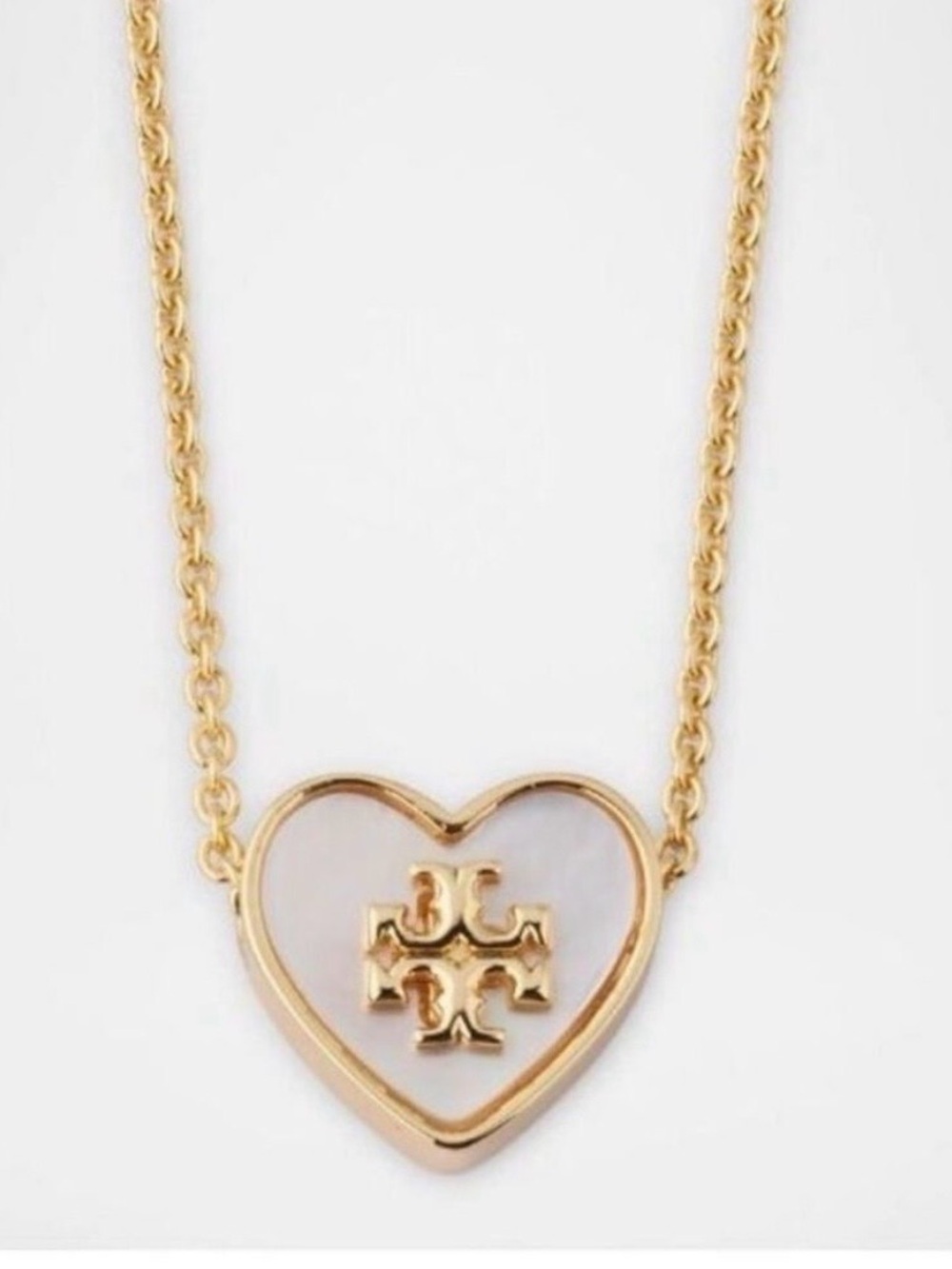 NWT Tory Burch Gold Heart Necklace with White Inlay and Logo AND Dustbag - Picture 3 of 3